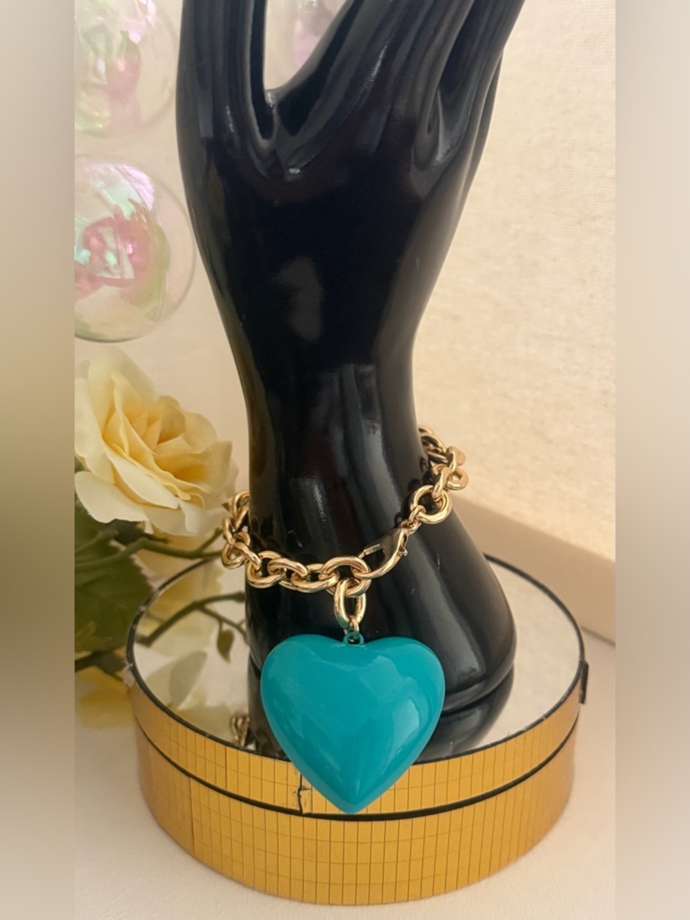 Roxanne Assoulin Authentic Gold Chain Bracelet W/Turquoise Heart Enamel Charm